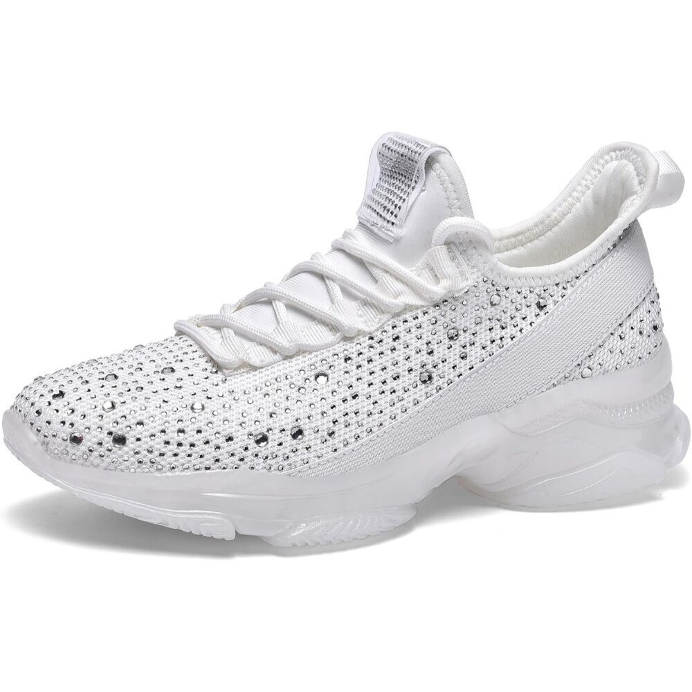 🆕Women White Rhinestone Mesh Slip On Walking Breathable Sparkle Glitter Sneaker